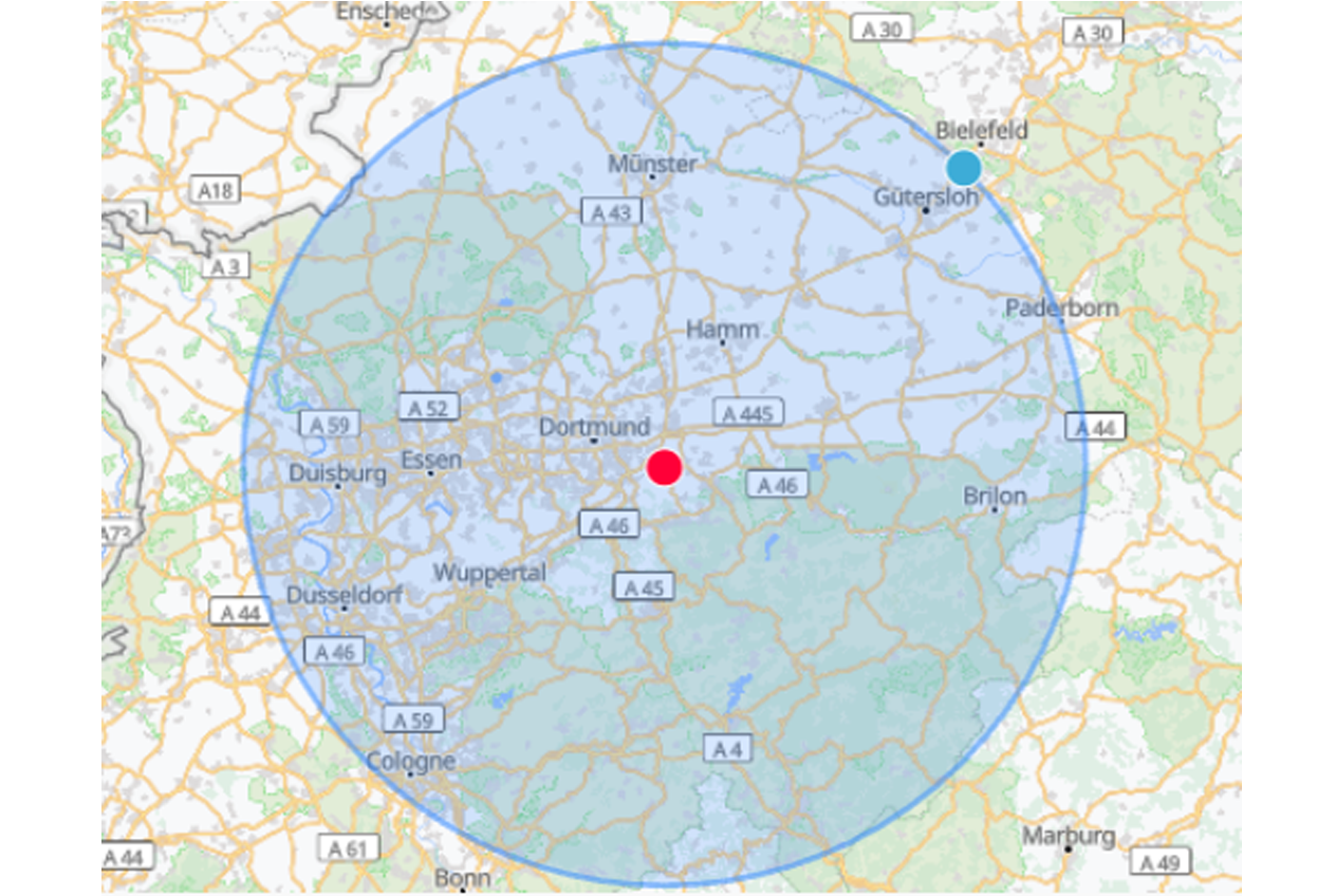Karte mit 75-km-Einsatzradius rund um Recklinghausen, inklusive Dortmund, Essen, Bochum, Münster und Umgebung