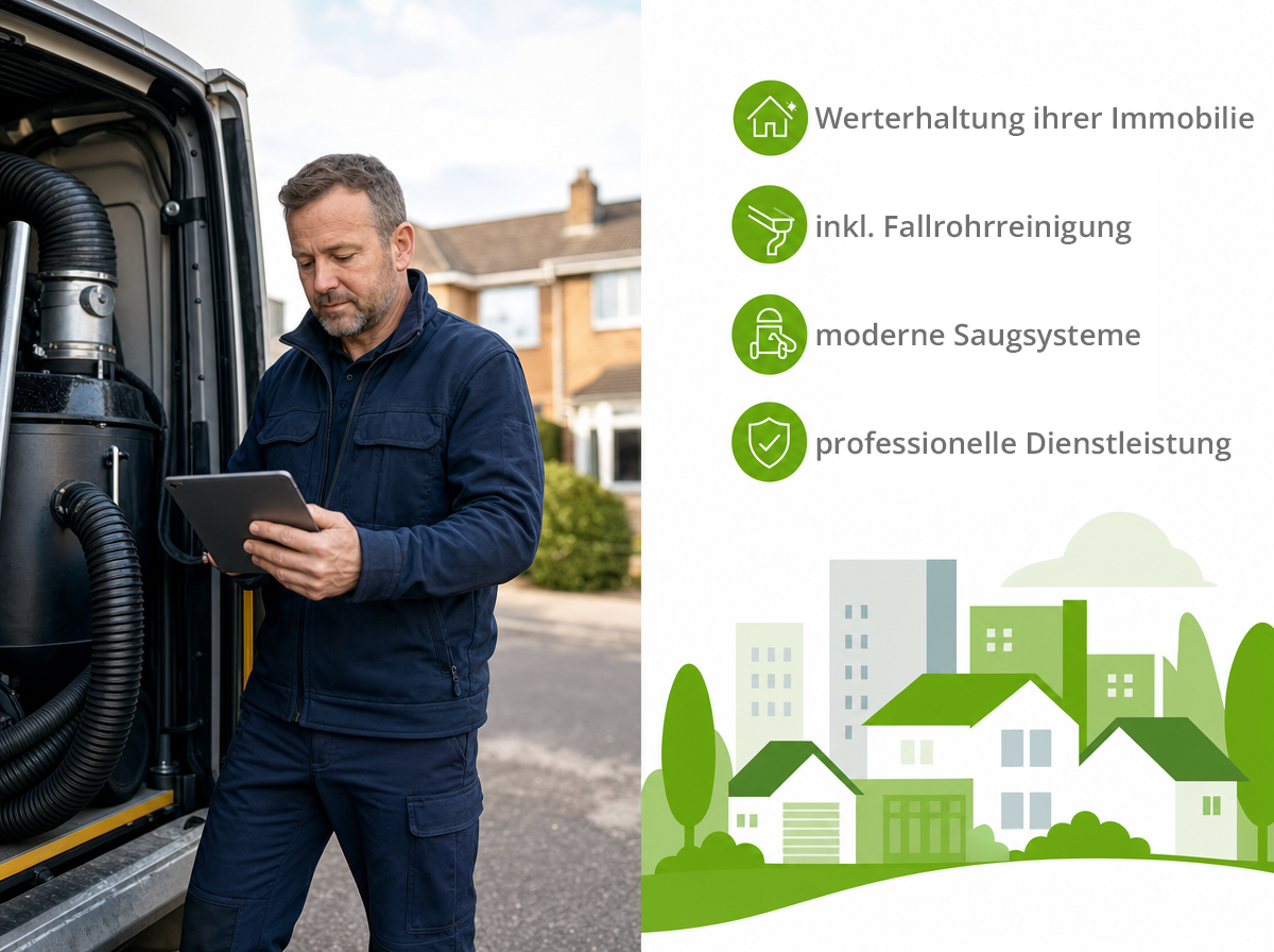QVS-Servicefahrzeug mit SkyVac-Ausrüstung — Werterhaltung Ihrer Immobilie, inklusive Fallrohrreinigung, moderne Saugsysteme, professionelle Dienstleistung