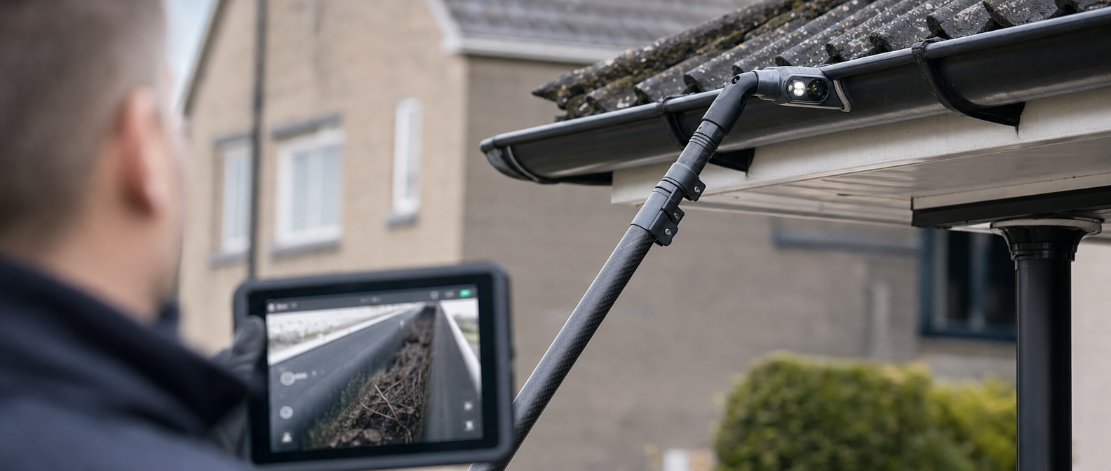 Nahaufnahme der Teleskopstange mit integrierter Kamera an der Dachrinne, im Vordergrund kontrolliert der Techniker die Live-Übertragung auf einem Tablet