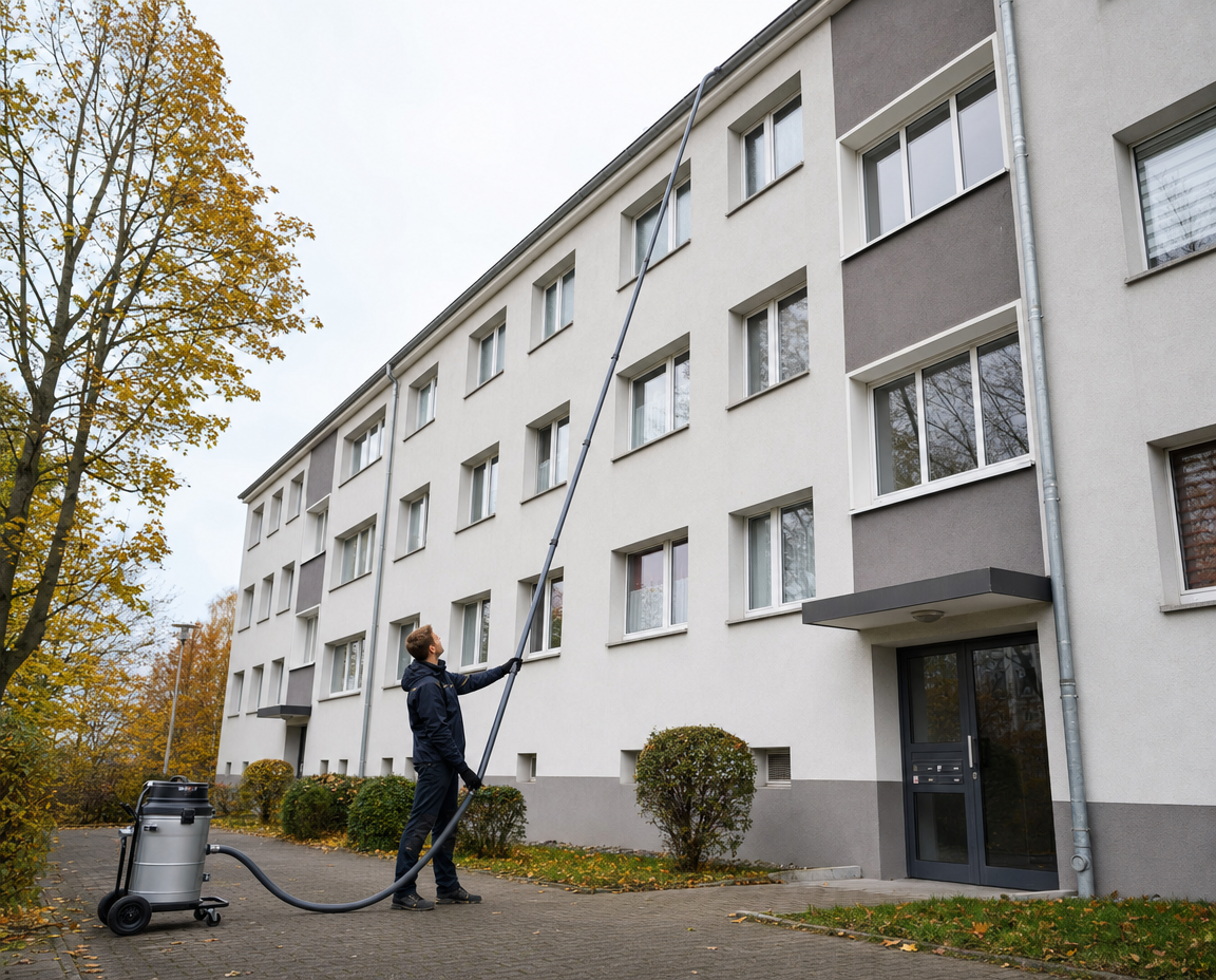 SkyVac-Techniker reinigt vom Boden aus die Dachrinne eines mehrstöckigen Wohngebäudes mit der Teleskopstange